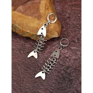 Silver Fishbone Dangle Earrings Gothic Skeleton Drop Hoop Jewelry